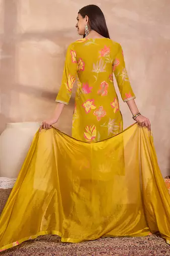 Women yellow viscose floral printed straight kurta sets