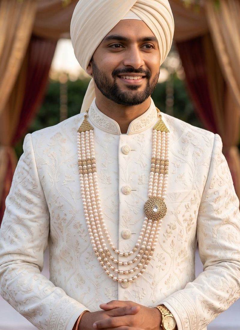   pearl beads dulha groom sherwani mala for   for wedding | layered mala | perfect for groom