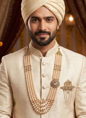   groom sherwani necklace moti mala layered for wedding | groom mala with brooch set 6