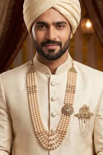   groom sherwani necklace moti mala layered for wedding | groom mala with brooch set