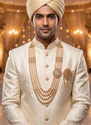   groom sherwani necklace moti mala layered for wedding | groom mala with brooch set 6