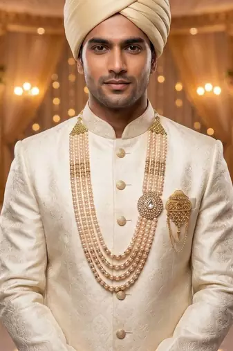   groom sherwani necklace moti mala layered for wedding | groom mala with brooch set
