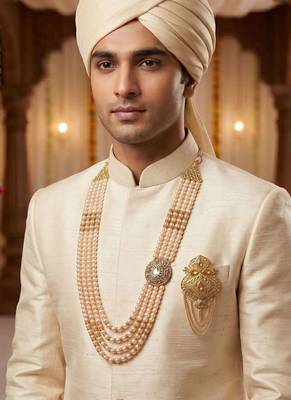   groom sherwani necklace moti mala layered for wedding | groom mala with brooch set 6