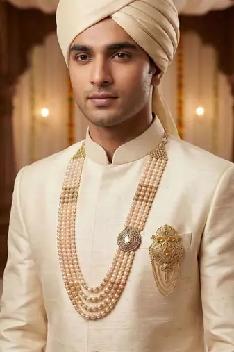   groom sherwani necklace moti mala layered for wedding | groom mala with brooch set