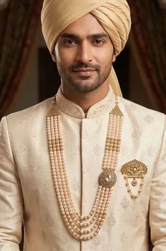   groom sherwani necklace moti mala layered for wedding | groom mala with brooch set