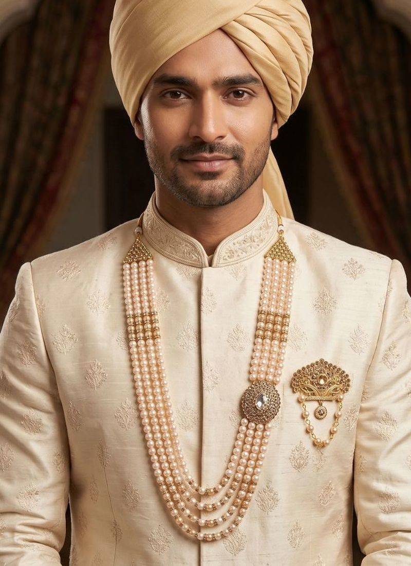   groom sherwani necklace moti mala layered for wedding | groom mala with brooch set