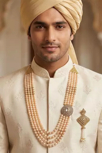  groom sherwani necklace moti mala layered for wedding | groom mala with brooch set