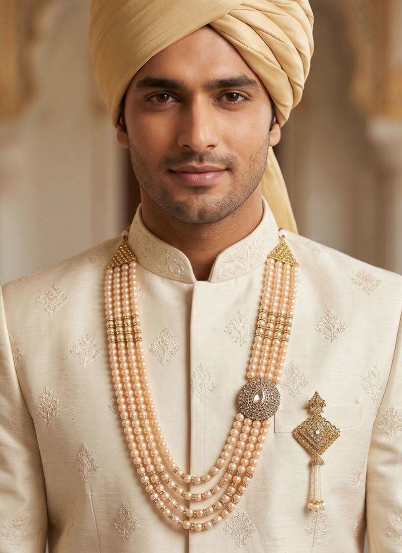   groom sherwani necklace moti mala layered for wedding | groom mala with brooch set