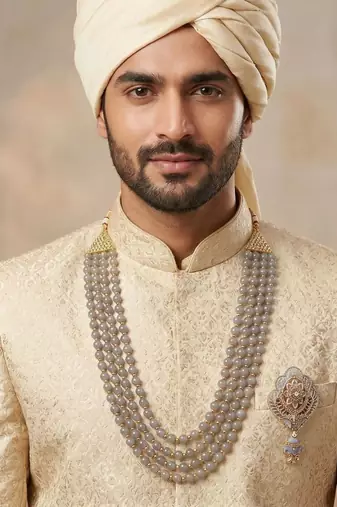   groom sherwani necklace moti mala layered for wedding | groom mala with brooch set