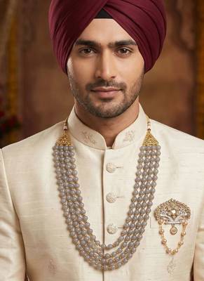   groom sherwani necklace moti mala layered for wedding | groom mala with brooch se 6