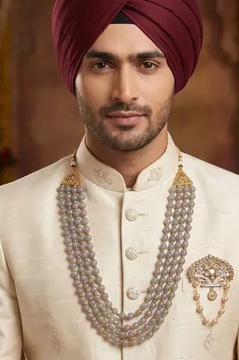   groom sherwani necklace moti mala layered for wedding | groom mala with brooch se