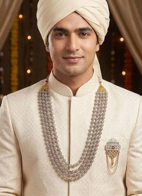   groom sherwani necklace moti mala layered for wedding | groom mala with brooch set 6