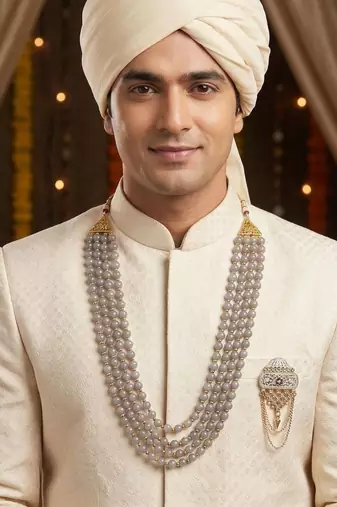   groom sherwani necklace moti mala layered for wedding | groom mala with brooch set