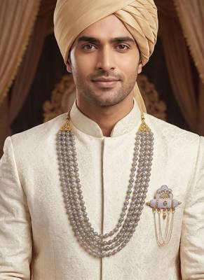   groom sherwani necklace moti mala layered for wedding | groom mala with brooch set 6