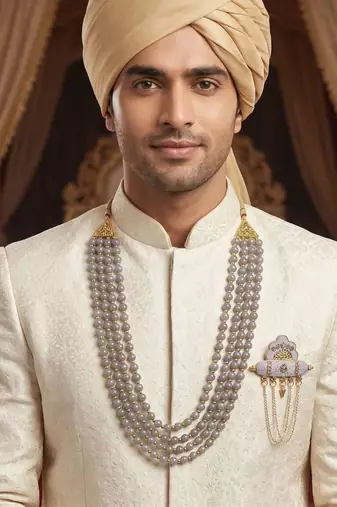   groom sherwani necklace moti mala layered for wedding | groom mala with brooch set
