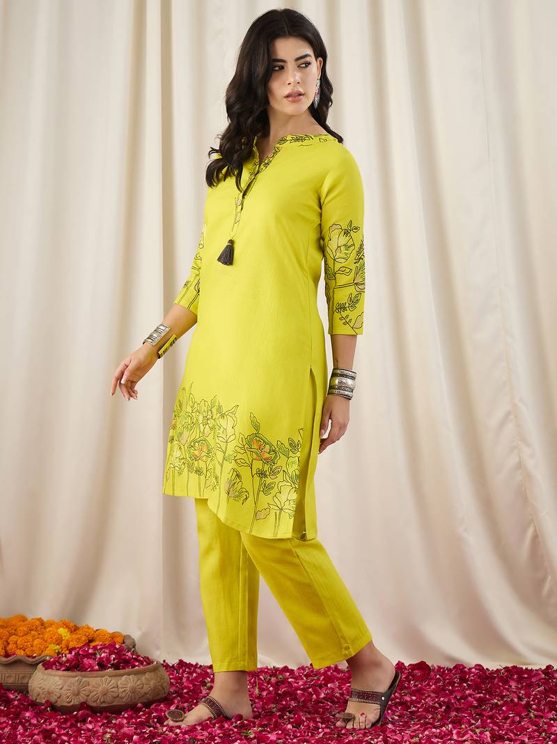 Women's Gorgeous Printed Work Cotton Fabric Straight Kurta Pant Set