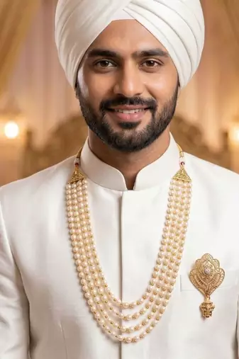   groom sherwani necklace moti mala layered for wedding | groom mala with brooch set