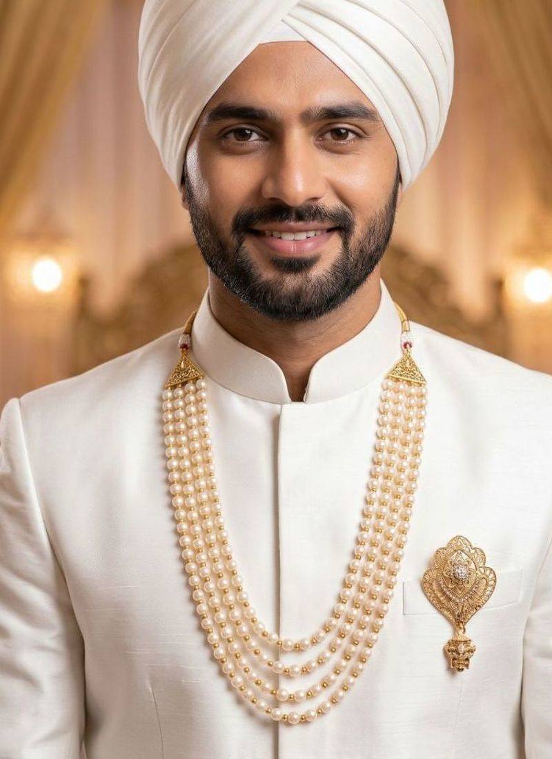   groom sherwani necklace moti mala layered for wedding | groom mala with brooch set