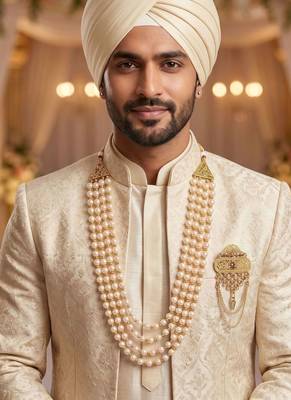   groom sherwani necklace moti mala layered for wedding | groom mala with brooch set 6