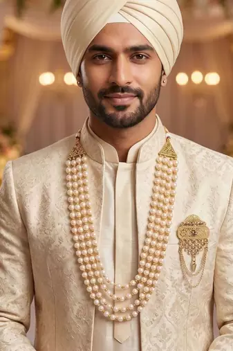   groom sherwani necklace moti mala layered for wedding | groom mala with brooch set