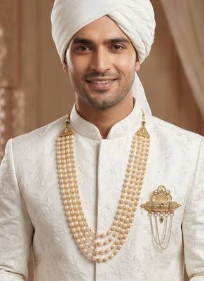   groom sherwani necklace moti mala layered for wedding | groom mala with brooch set 6