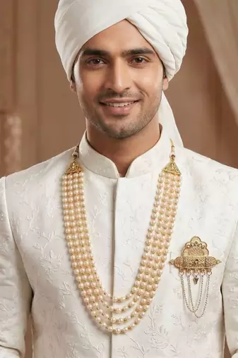   groom sherwani necklace moti mala layered for wedding | groom mala with brooch set