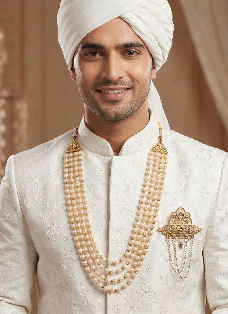   groom sherwani necklace moti mala layered for wedding | groom mala with brooch set
