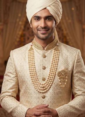   groom sherwani necklace moti mala layered for wedding | groom mala with brooch set 6