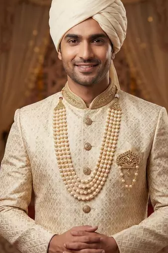   groom sherwani necklace moti mala layered for wedding | groom mala with brooch set