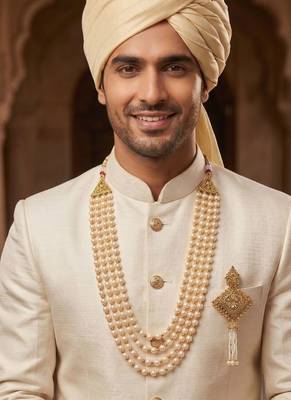   groom sherwani necklace moti mala layered for wedding | groom mala with brooch set 6