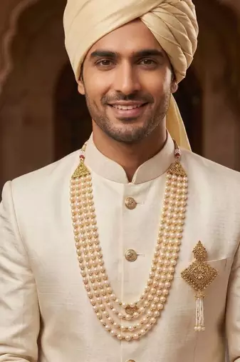   groom sherwani necklace moti mala layered for wedding | groom mala with brooch set