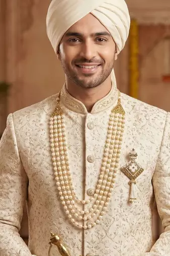   groom sherwani necklace moti mala layered for wedding | groom mala with brooch set