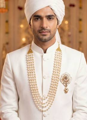   groom sherwani necklace moti mala layered for wedding | groom mala with brooch set 6