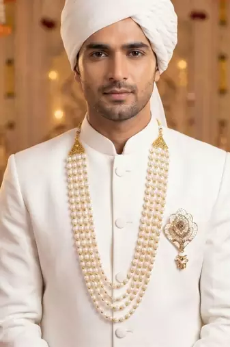   groom sherwani necklace moti mala layered for wedding | groom mala with brooch set