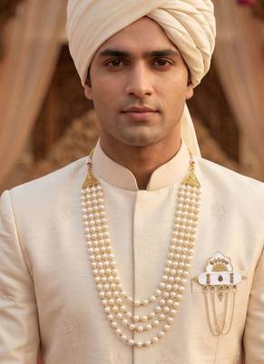   groom sherwani necklace moti mala layered for wedding | groom mala with brooch set 6
