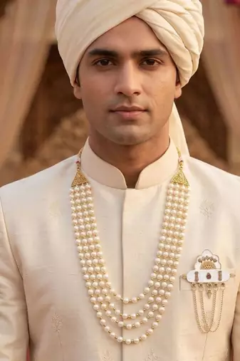   groom sherwani necklace moti mala layered for wedding | groom mala with brooch set