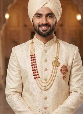   groom sherwani necklace moti mala layered for wedding | groom mala with brooch set 6