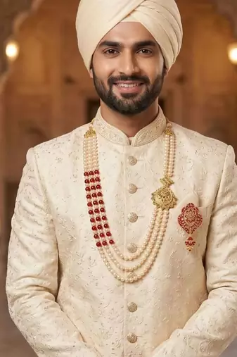   groom sherwani necklace moti mala layered for wedding | groom mala with brooch set