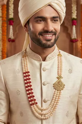  pearl beads dulha groom sherwani mala for   for wedding | layered mala | perfect for groom