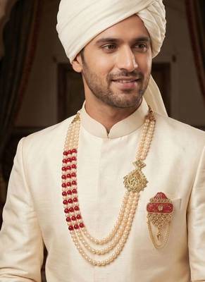   groom sherwani necklace moti mala layered for wedding | groom mala with brooch set 6