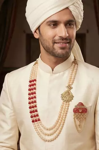   groom sherwani necklace moti mala layered for wedding | groom mala with brooch set