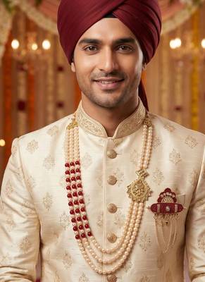   groom sherwani necklace moti mala layered for wedding | groom mala with brooch set 6