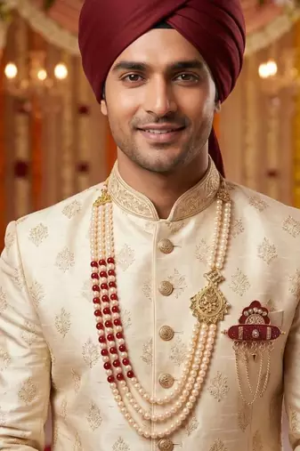   groom sherwani necklace moti mala layered for wedding | groom mala with brooch set