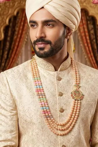   pearl beads dulha groom sherwani mala for   for wedding | layered mala | perfect for groom