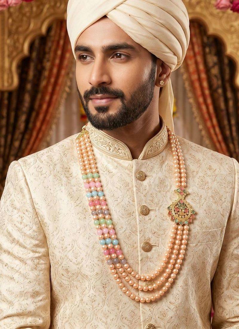   pearl beads dulha groom sherwani mala for   for wedding | layered mala | perfect for groom