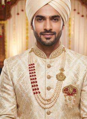   groom sherwani necklace moti mala layered for wedding | groom mala with brooch set 6