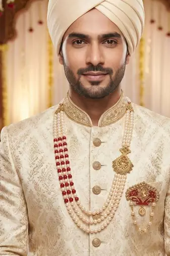   groom sherwani necklace moti mala layered for wedding | groom mala with brooch set
