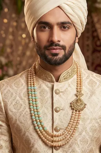   pearl beads dulha groom sherwani mala for   for wedding | layered mala | perfect for groom