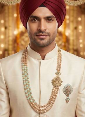   groom sherwani necklace moti mala layered for wedding | groom mala with brooch set 6