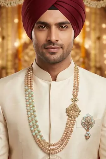   groom sherwani necklace moti mala layered for wedding | groom mala with brooch set